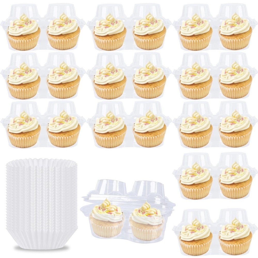 2 Cavity Cupcake Boxes With Lid 50 Pcs Includes 150 Cups Clear Plastic Holder