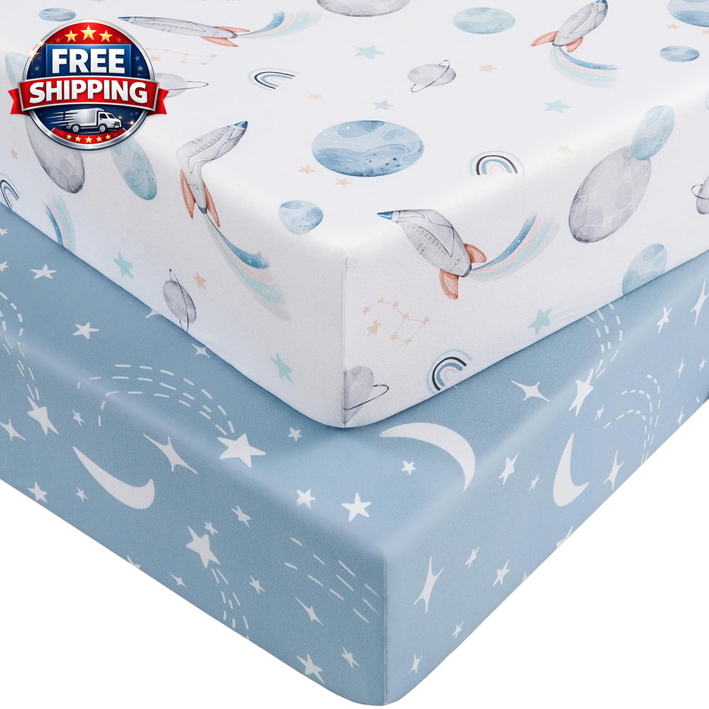 Blue Rocket Pack and Play Sheets for Mini Crib, 2-Pack Fitted Soft Sheets