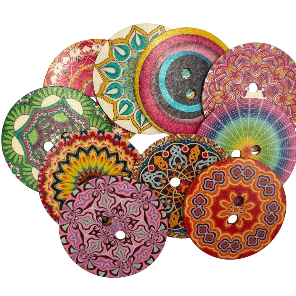 Decorative Wood Buttons with Mandala Patterns, 3 Inch, 20 Pack, Multicolor St...