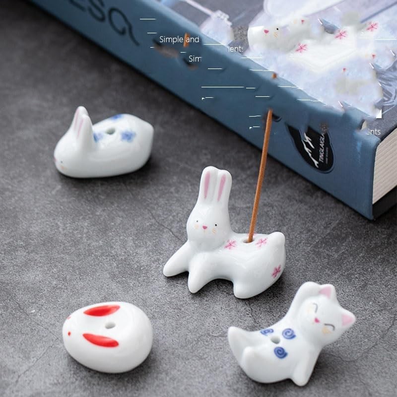 Cute White Rabbit & Cat Ceramic Incense Holders - 4Pc Set for Tranquil Spaces