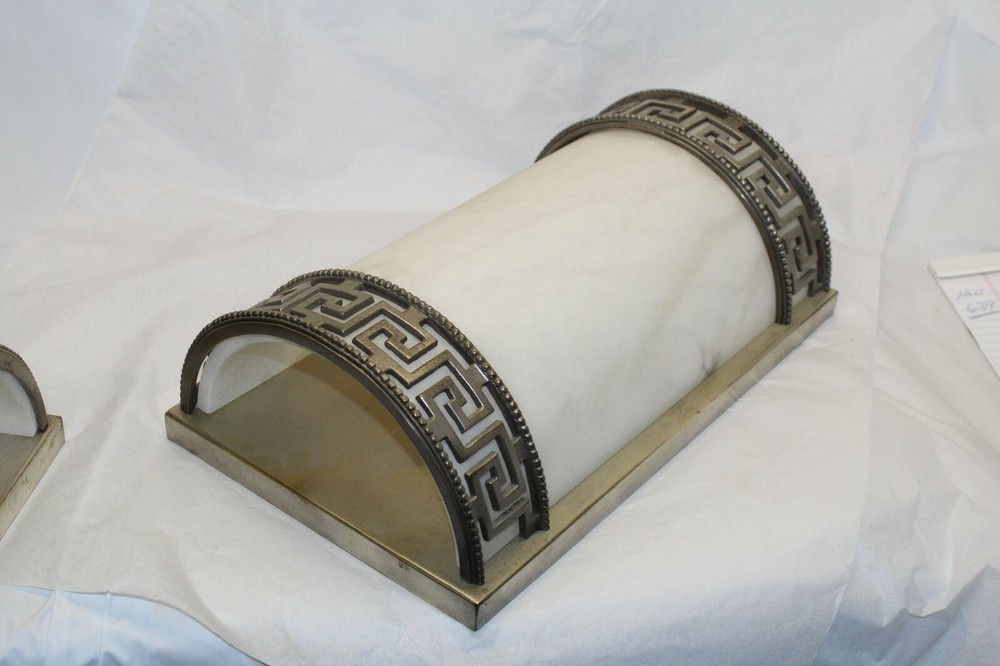 Art Deco Sconces ,Large Size , Real Alabaster , Silvered Bronze frames the Pair