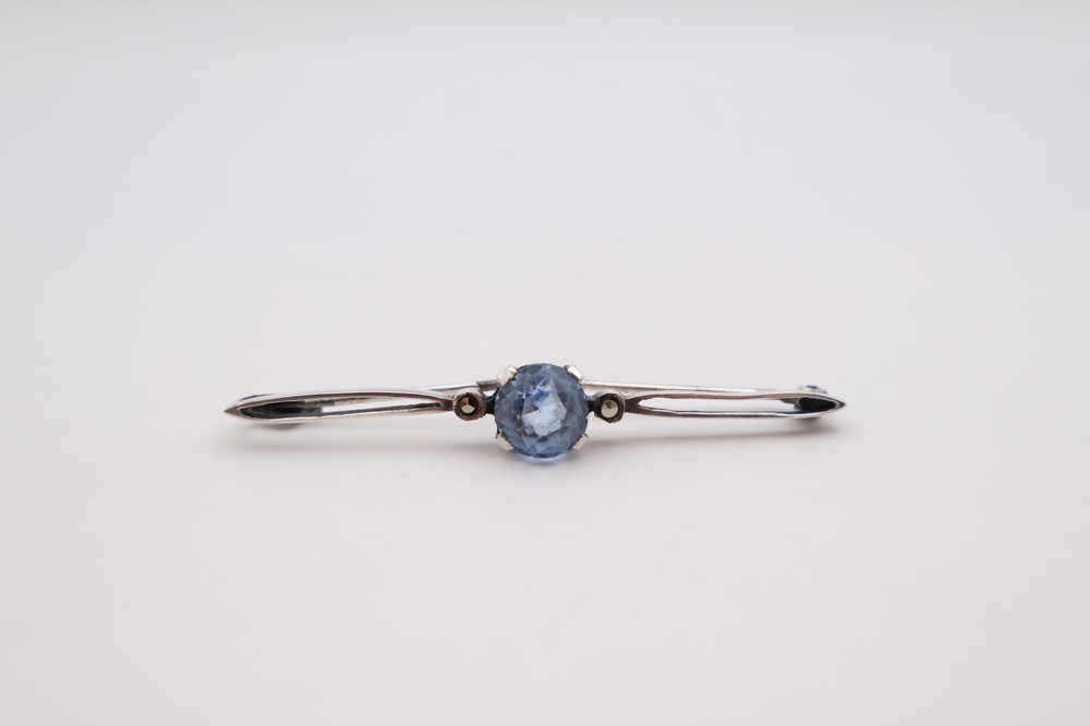 Vintage Silver Bar Brooch with Blue Stone