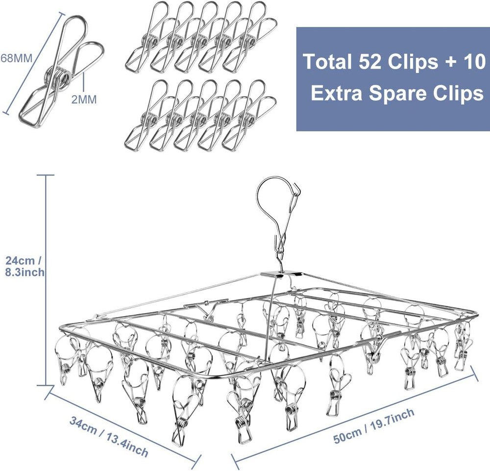 Drying Rack, 52 Clips Stainless Steel Laundry Drying Rack Folding