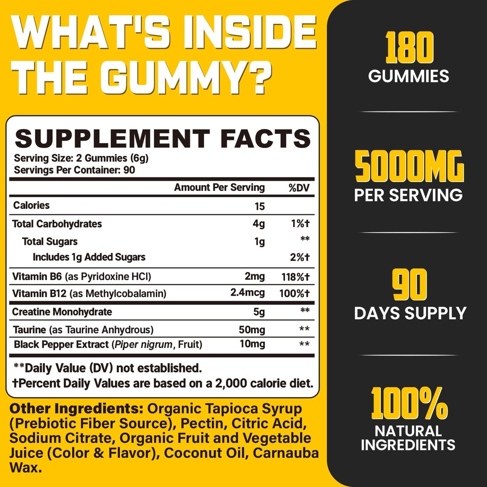 (180 Count) Creatine Monohydrate Gummies for Men & Women - Creatine Pre Worko...