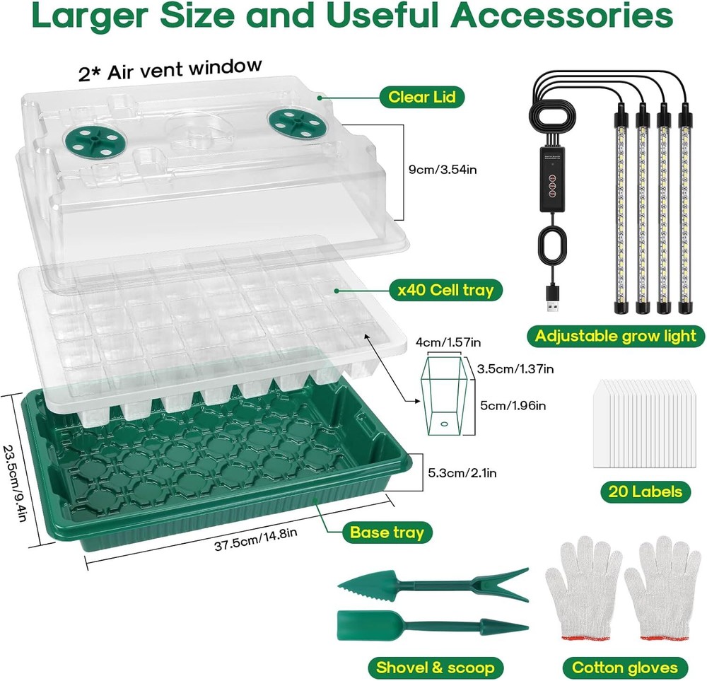 Seed Starter Tray with Grow Lights, 2 Pack 80 Compartment Seedling Tray Set