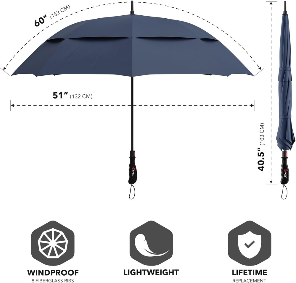 Extra Large Windproof Golf Umbrella - Covers 2 People - 60" Wide Vented Double C