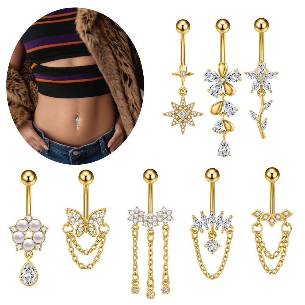 8pcs CZ Flower Butterfly Belly Button Ring Dangle Chain Barbell Navel Piercing