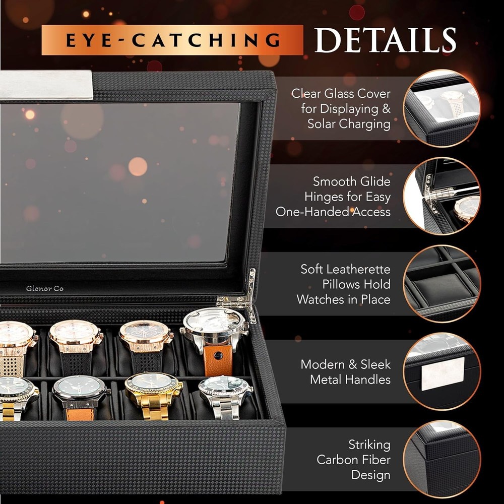 Black Rectangular Watch Case for 12 Timepieces, Luxurious Design and Finish