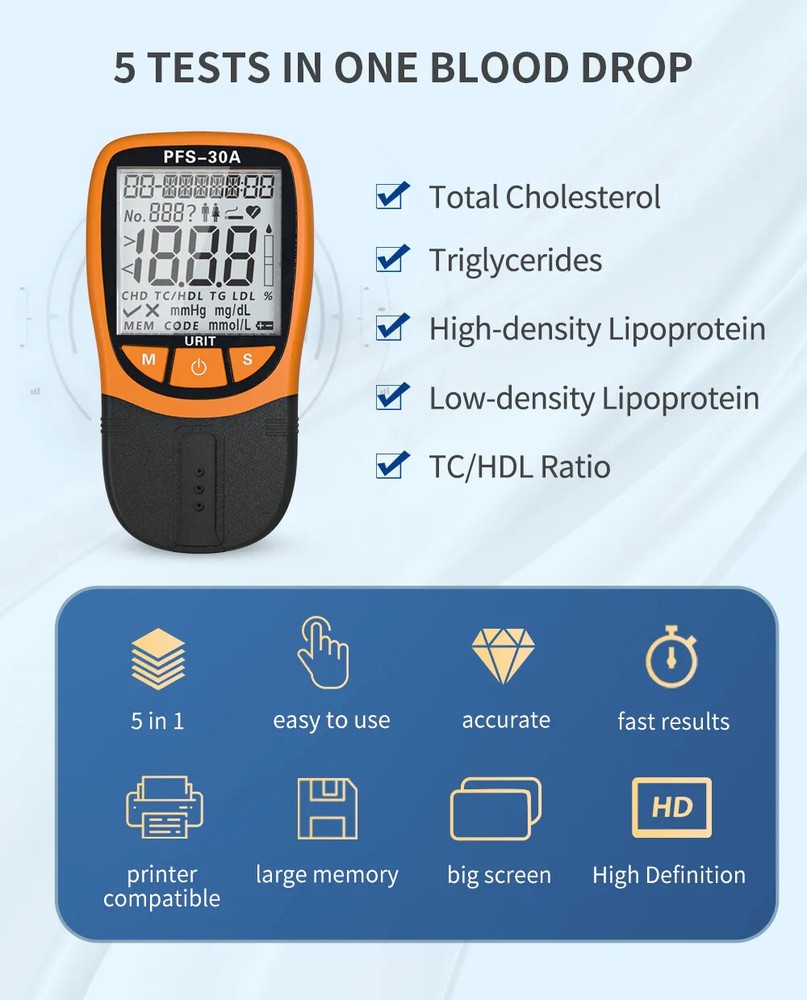 5 in 1 Lipid Test Meter Total Cholesterol Triglyceride High Low Density qa11