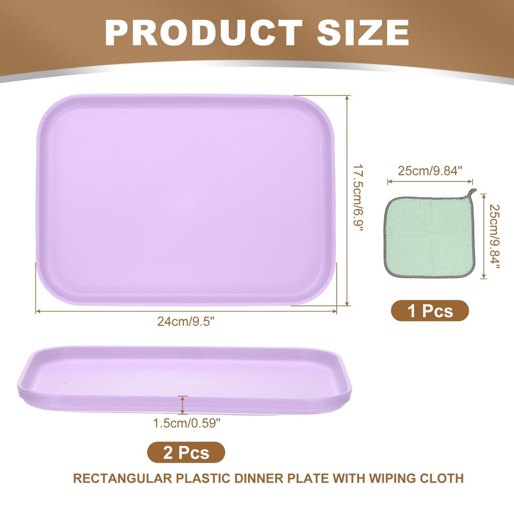 9.5x6.9" Rectangular Plates, 2 Pack Wheat Plastic Dinner Plates, Purple