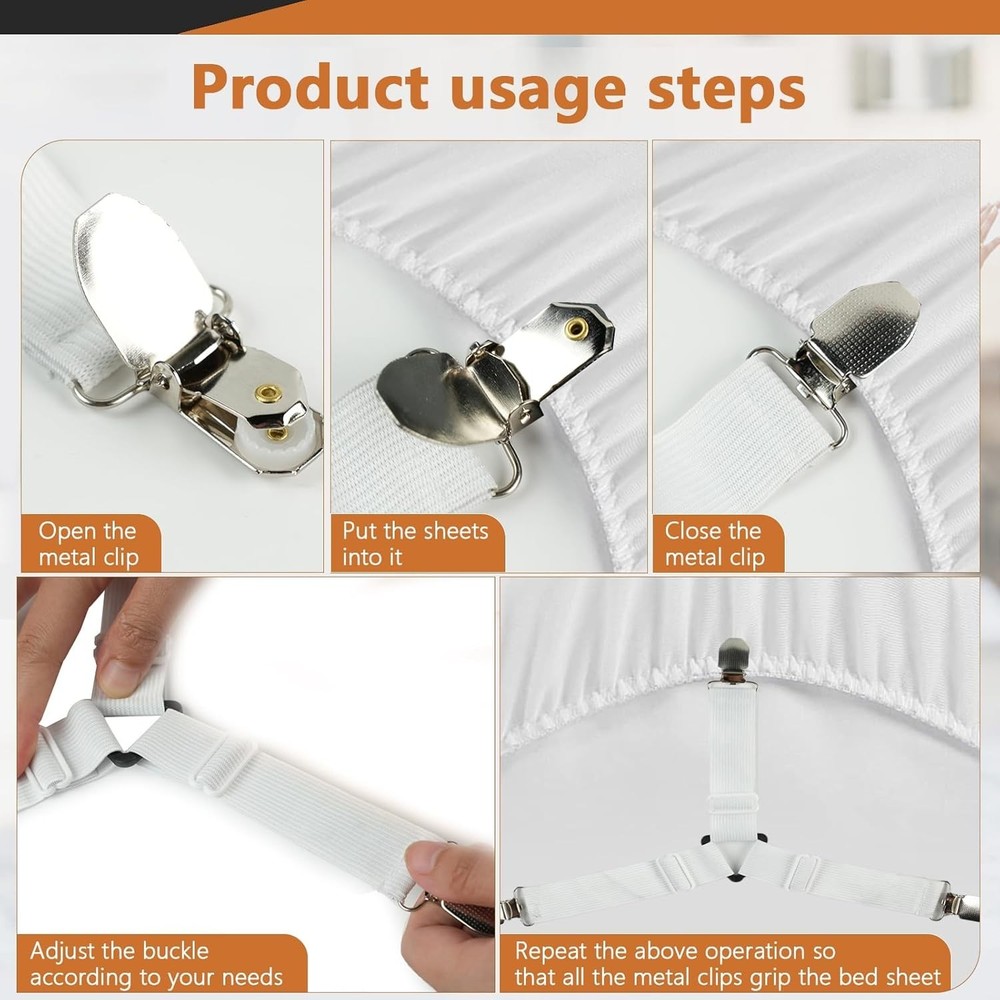 4PCS Bed Sheet Straps with Metal Clips, Adjustable Elastic Sheet Holders