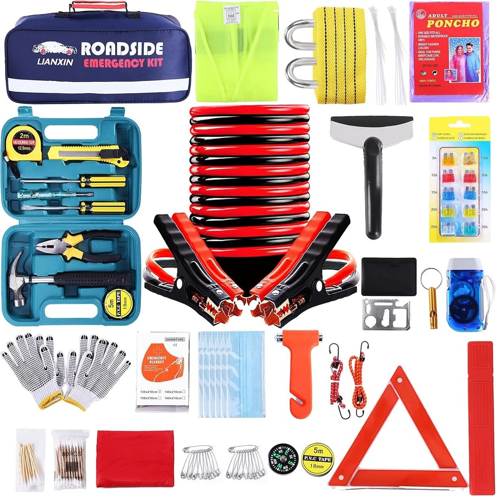 Durable Roadside Assistance Kit with Tools, Jumper Cables & Survival Tools