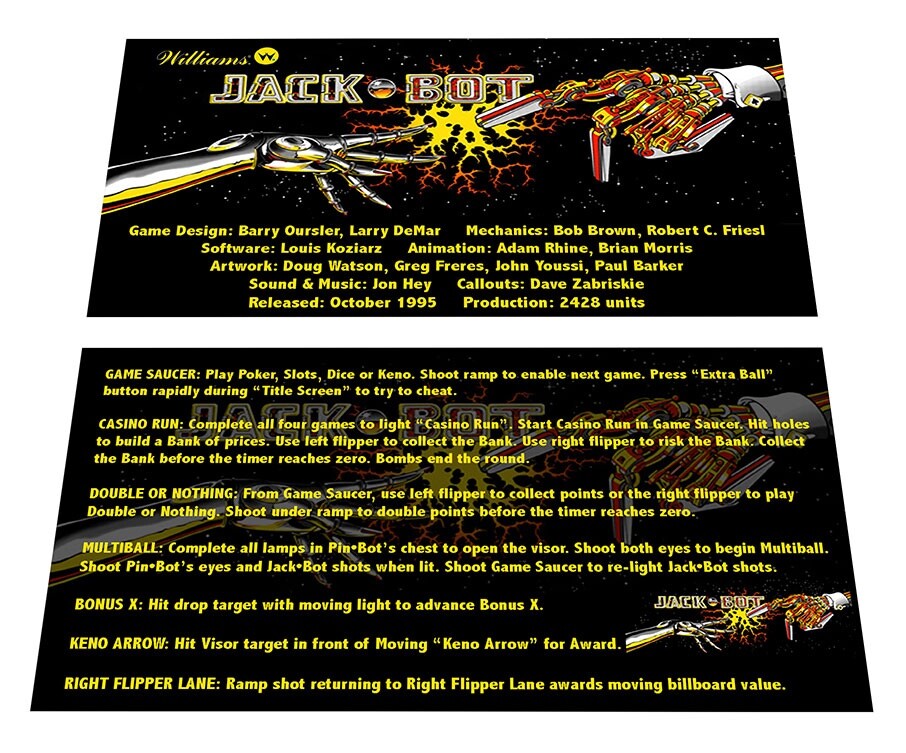Williams Jackbot Pinball Custom Apron Instruction Cards