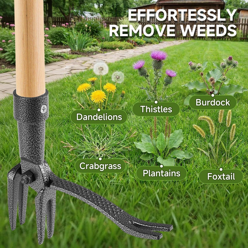Heavy Duty Stand Up Weed Puller Tool - 46" Long Handle & 4-Claw Steel Head, E...