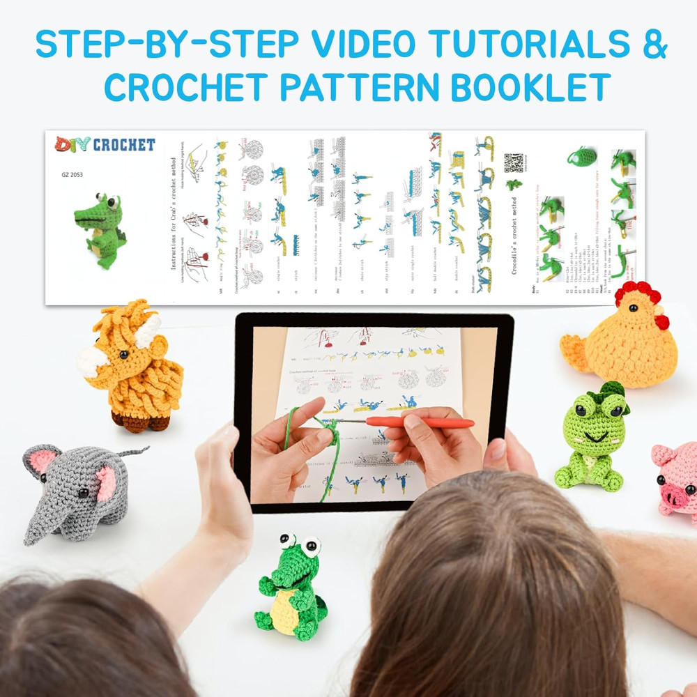 Beginner Crochet Kit: 6 Animal Projects with Yarn & Tutorials, Ideal Gift