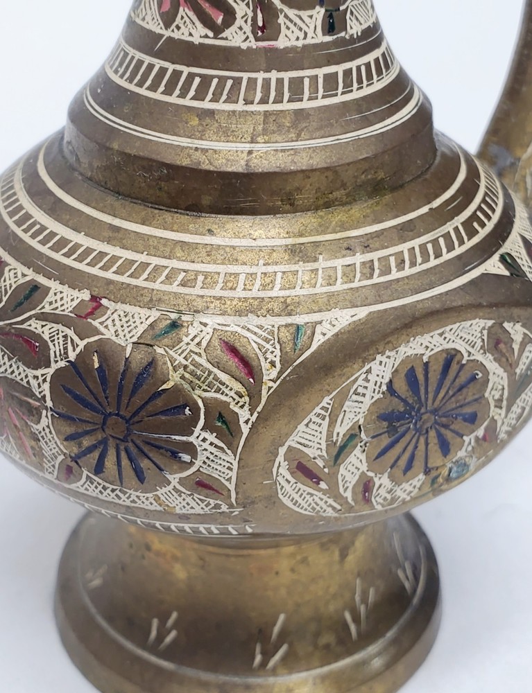 Vintage 6 pc Middle Eastern Turkish style solid brass coffee or tea pitcher cups