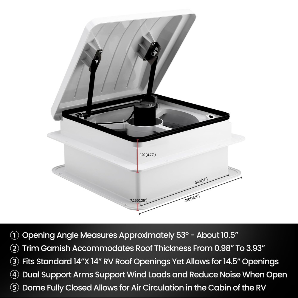 14” RV Roof Vent Fan 4Speed Reversible 12V RV Bathroom Fan Deluxe Open RV Fan US