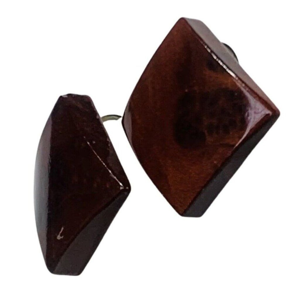Square Reddish Brown Composition Gold Tone Clip On Button Earrings