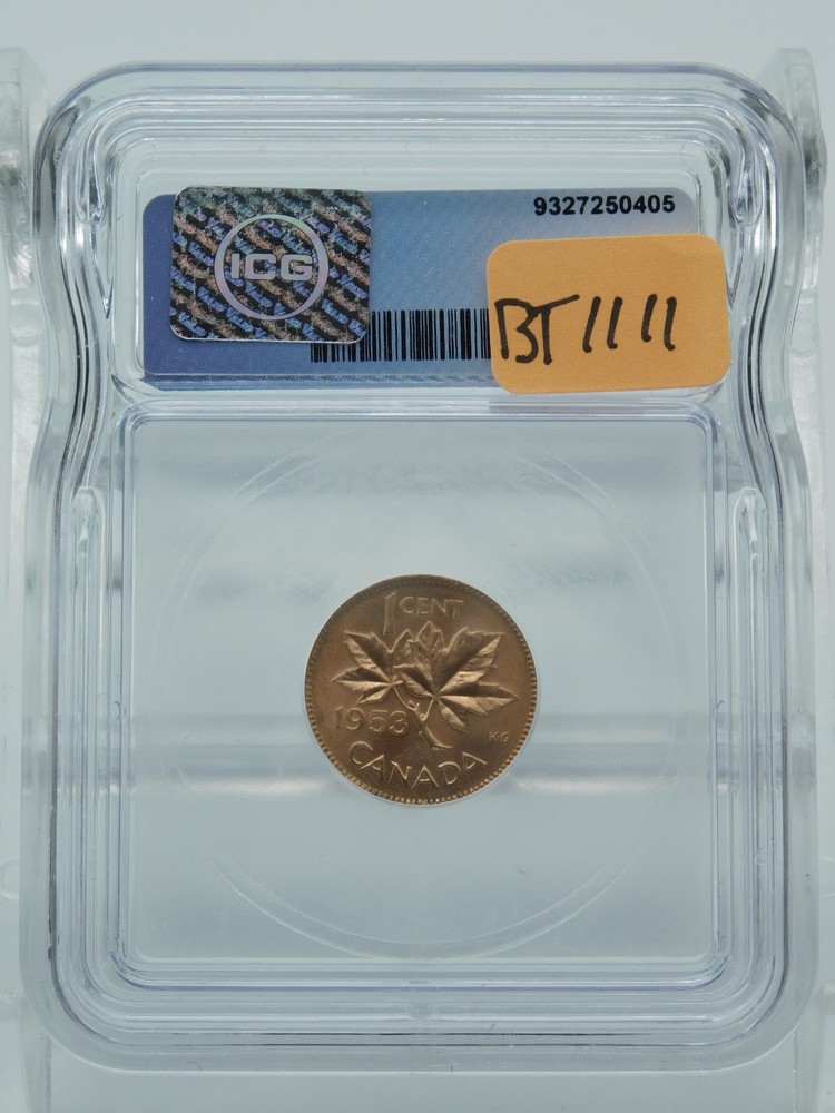 1953 GRADED CANADA SMALL CENT NO STRAP ~ ICG MS65 RD (BT1111)