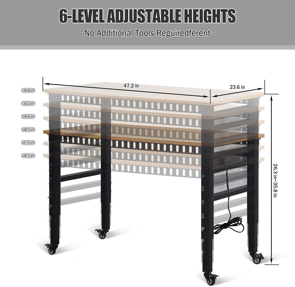 Modern Power Outlet Workbench, Height Adjustable, 2000 lbs Load, USB & Sockets
