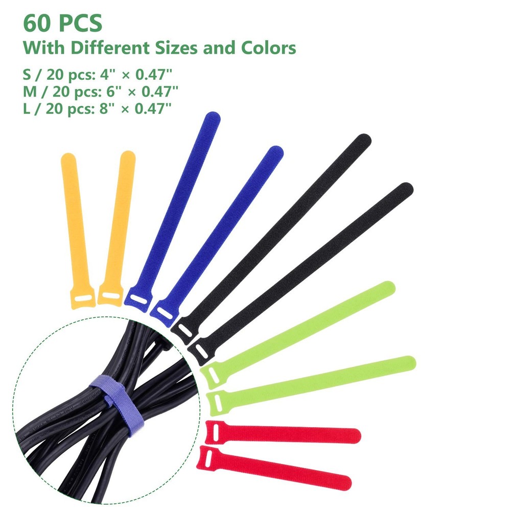 60 Pcs Reusable Fastening Cable Ties with Hook and Loop, Multi-Purpose Cable ...