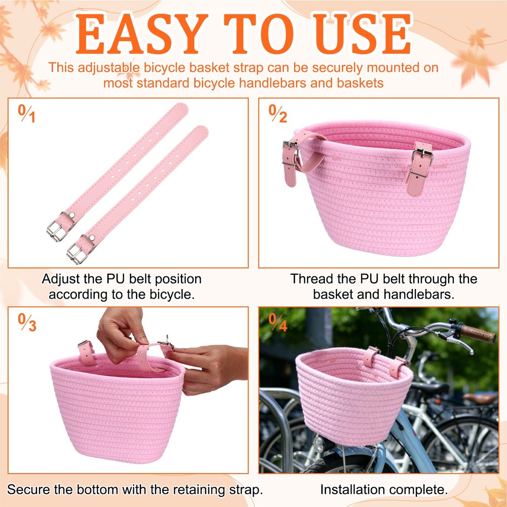 2 Pcs Adjustable Leather Bicycle Basket Strap, Pink