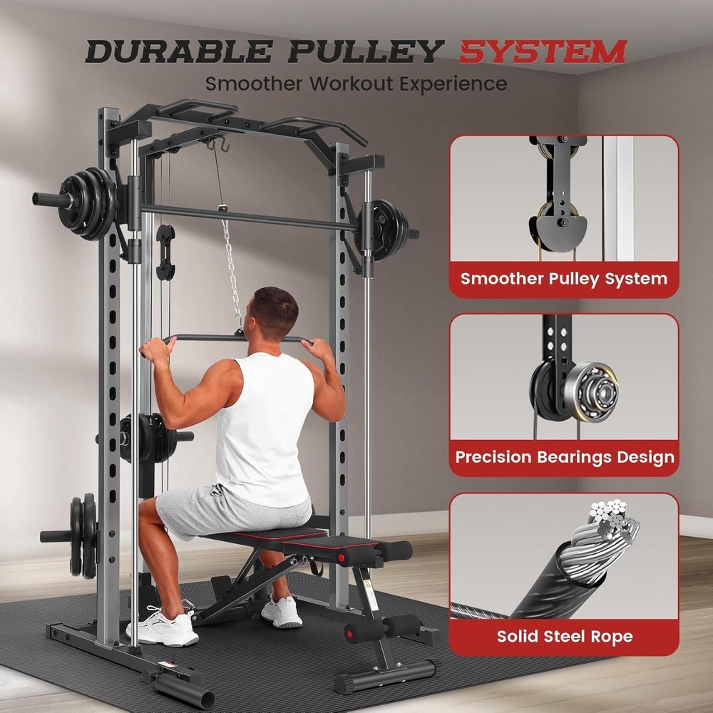 Smith Machine, Multifunctional Power Cage Rack with Barbell Bar and Cable Row US