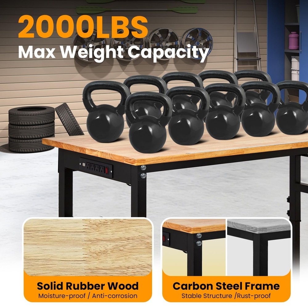 60" Adjustable Workbench 2000Lbs Work Bench Table with Casters & Power Outlets