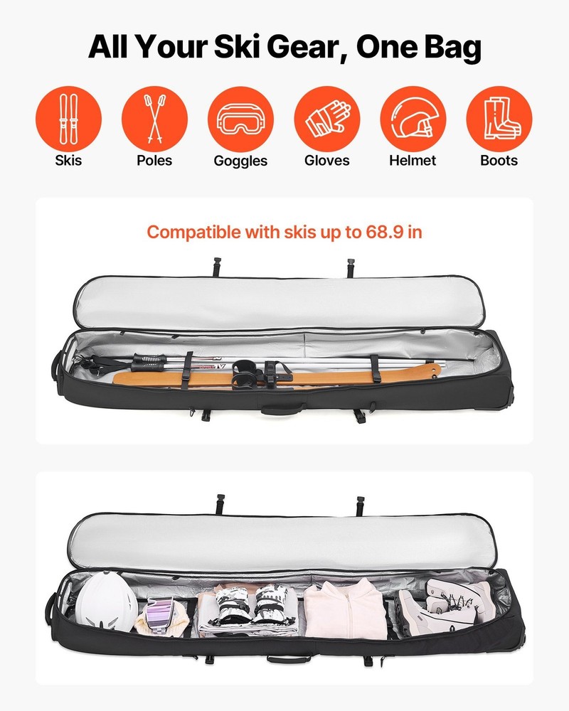 Large Ski Roller Case 68.9in, 600D Waterproof Oxford, Padded, Strap System