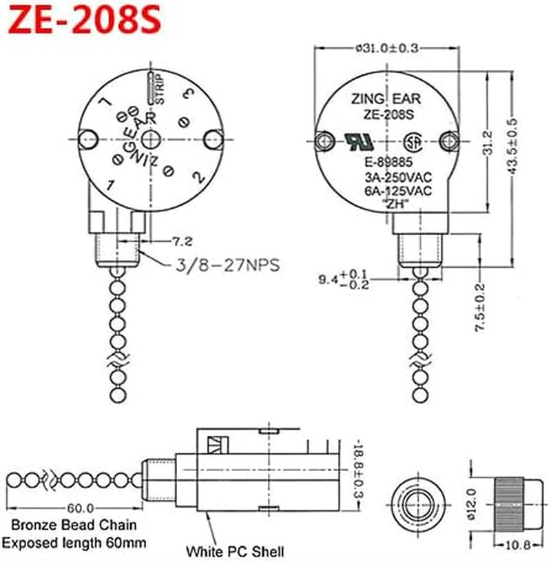 Ceiling Fan Switch Zing Ear Ze-208S E89885 3 Speed 4 Wire Pull Chain Switch Fan