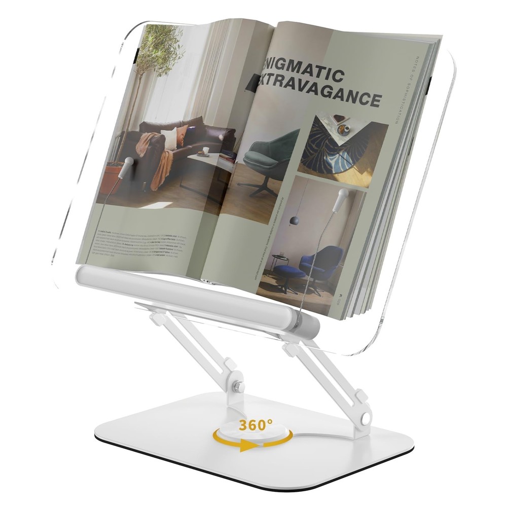 Adjustable Acrylic Book Stand with 360° Rotating Base & Page Clips - Foldable Ho