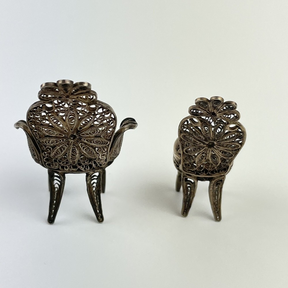 2 Antique Solid Low Grade Silver Tested Filigree Floral Miniature Chairs