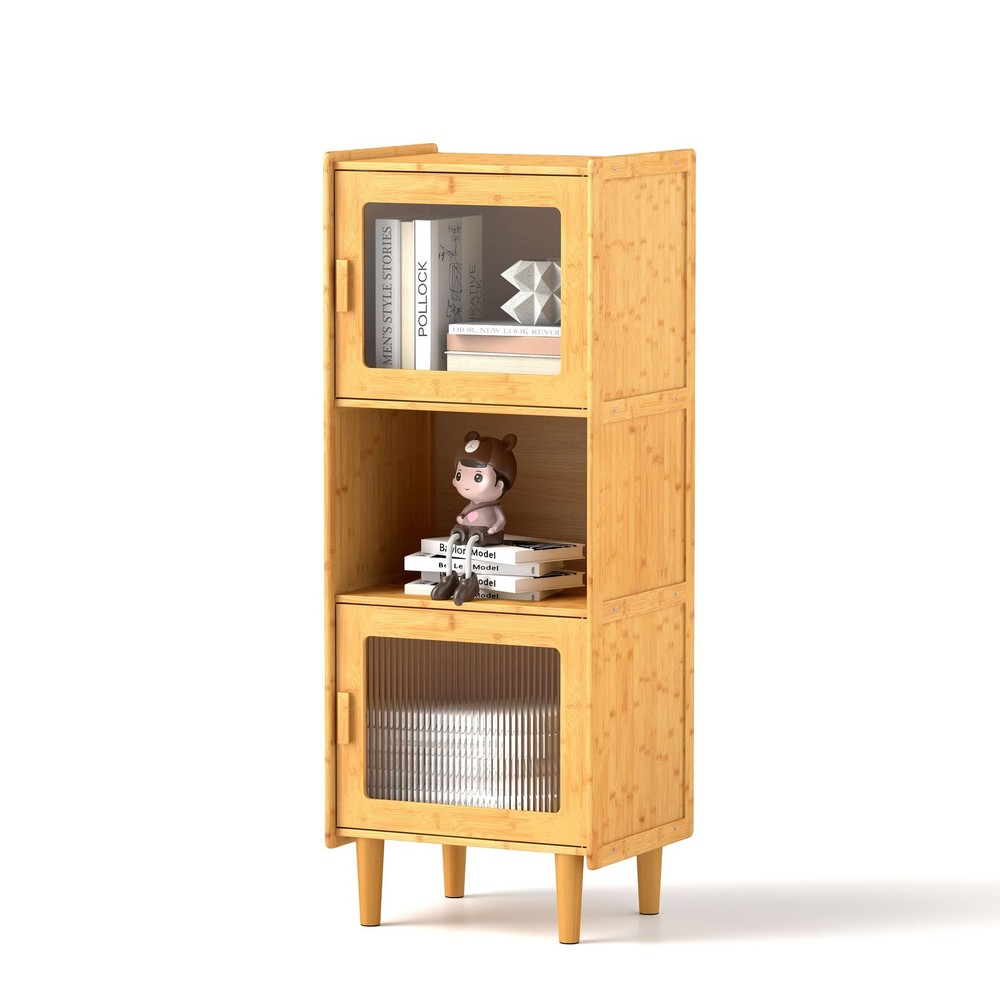 Bamboo Cabinet Narrow Kitchen Storage Cabinet w/ Open Compartment & Storage