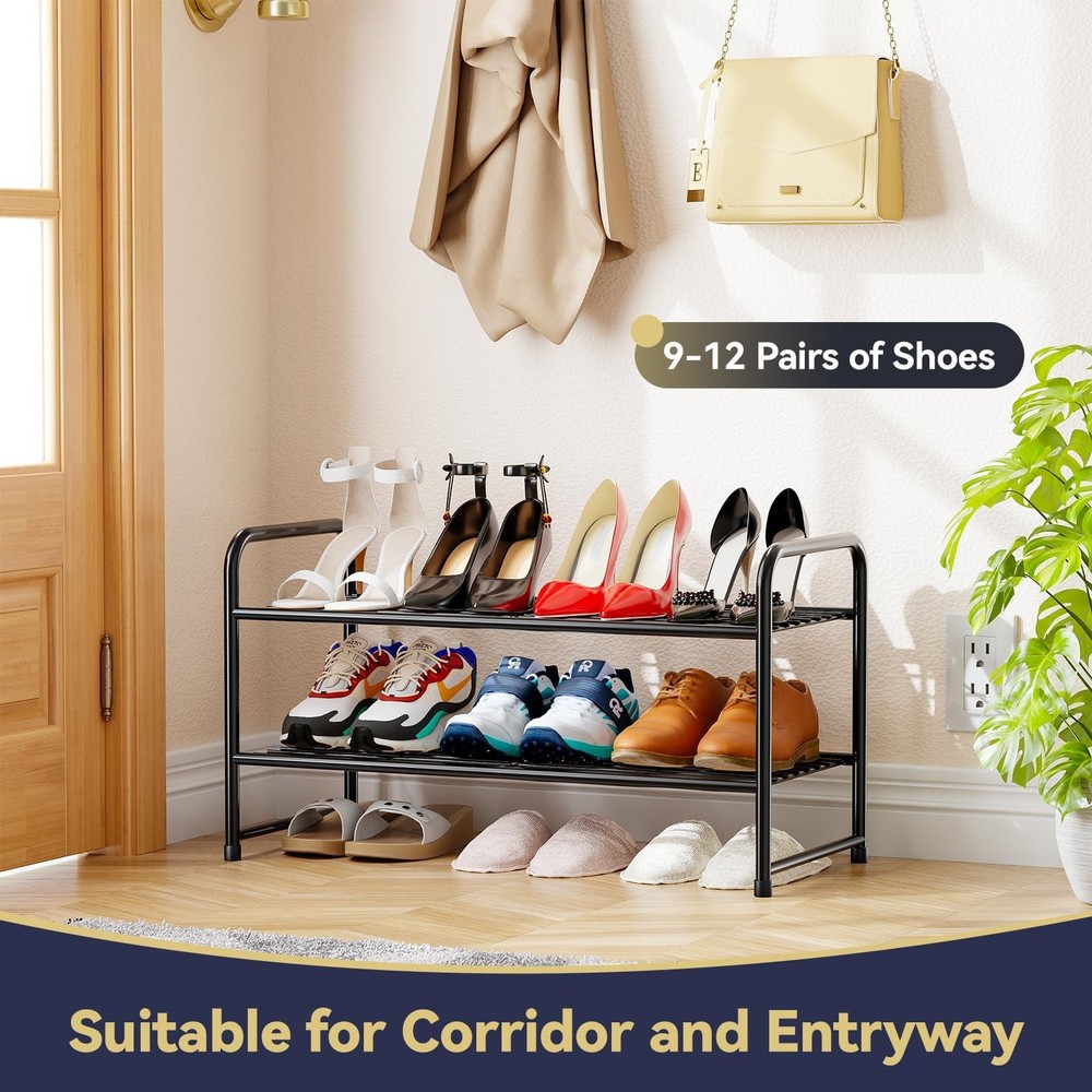 2 Tier Shoe Rack Organizer for Closet, Stackble, Black 2 Tier