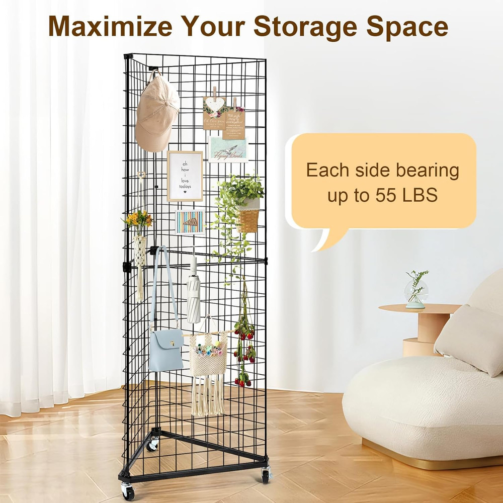 Black Triangular Gridwall Display Stand with Casters, 24" x 68