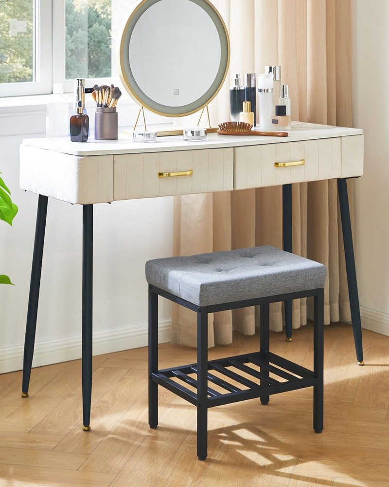 IBUYKE Rectangular Makeup Stool with Adjustable Feet and Storage Space, Footrest