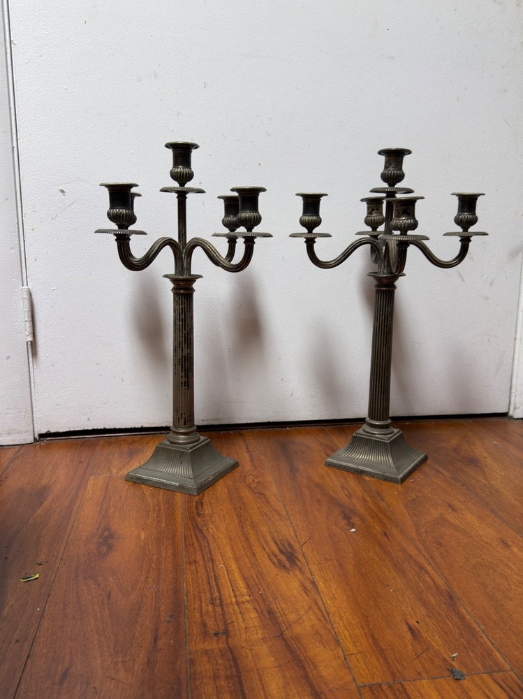 Pair Solid Silver 5-Light Candelabra Neoclassical Column Candlesticks 2.9lb Each