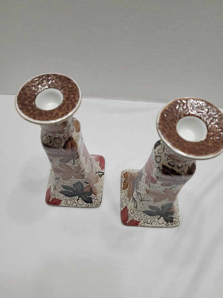 Vintage Hand Painted Fall Leaf Pattern Textured Candlestick Holder