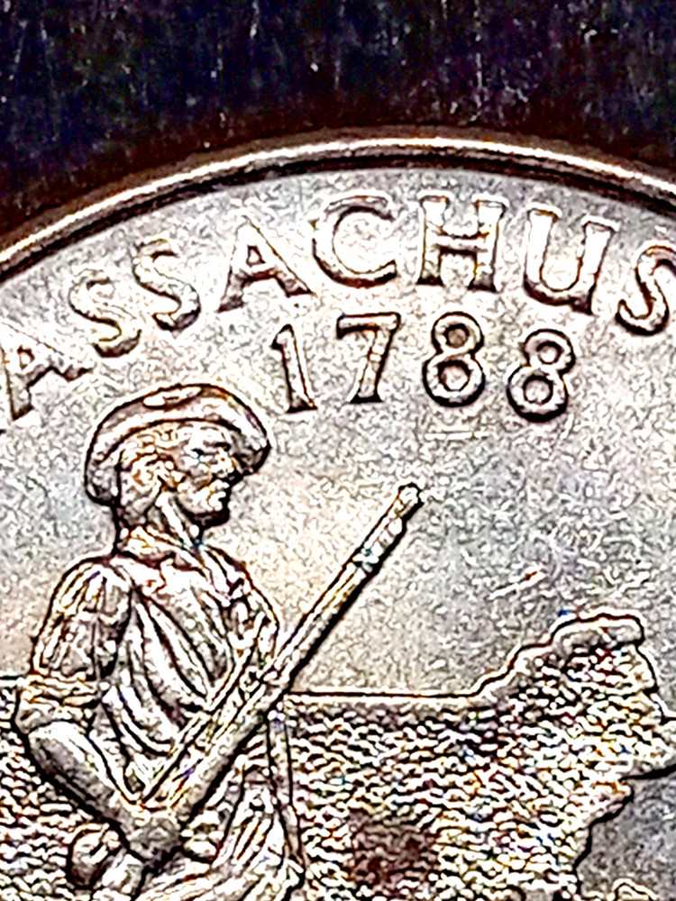 2000 D Massachusetts State Quarter with striking errors, Doubling on Letters.