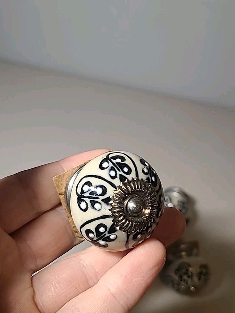 6 Antique Style Ceramic Hand Decorated Silver Tone Drawer Pulls Knobs Flowers