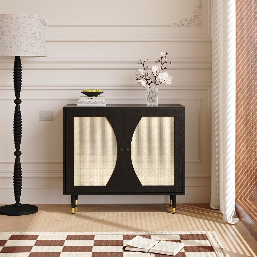 4ever2buy Rattan Buffet Cabinet Black Sideboard Console Table w/Storage