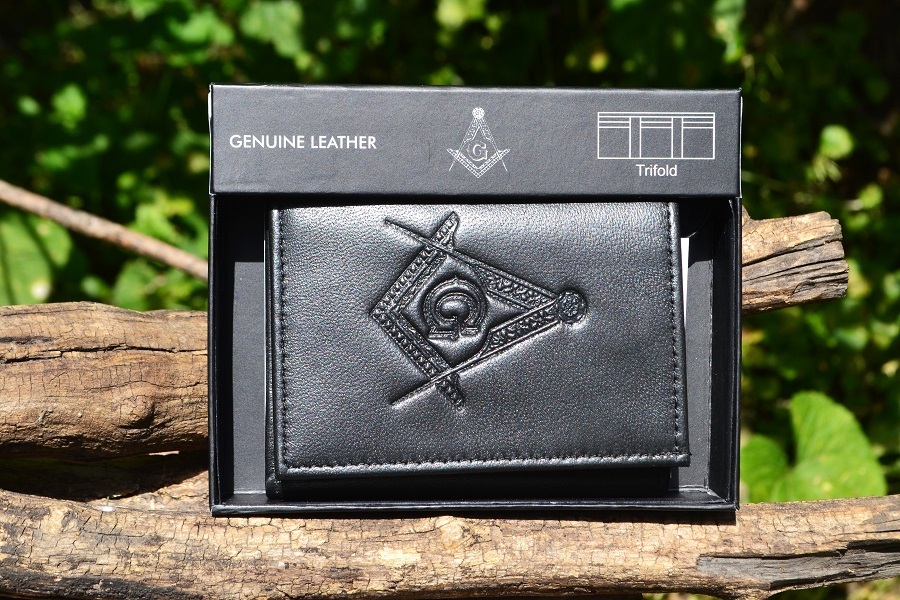 Masonic Black Leather Tri-Fold Wallet - RFID Protected - Square and Compasses