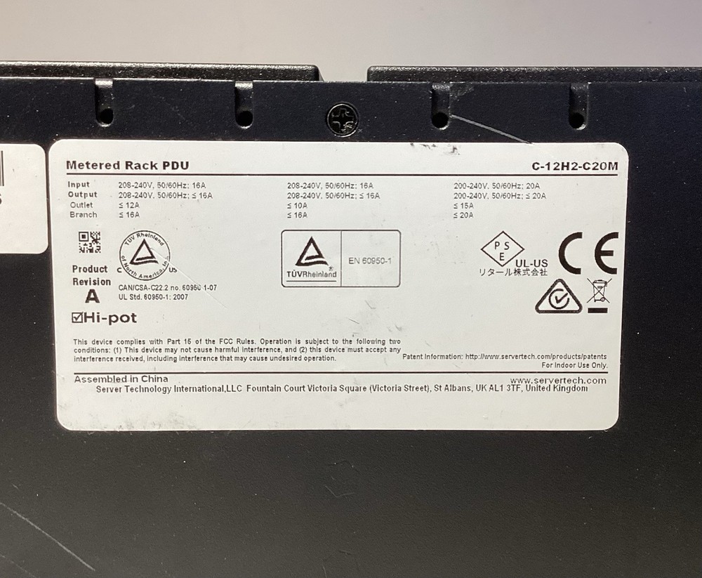 Server Technology C-12H2-C20M Sentry Metered Cabinet Distribution Unit 12 Outlet