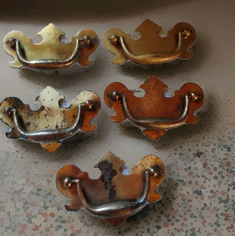 5 Brass Drawer Swing Handle Pulls Chippendale Batwing Antique Hardware No Screws