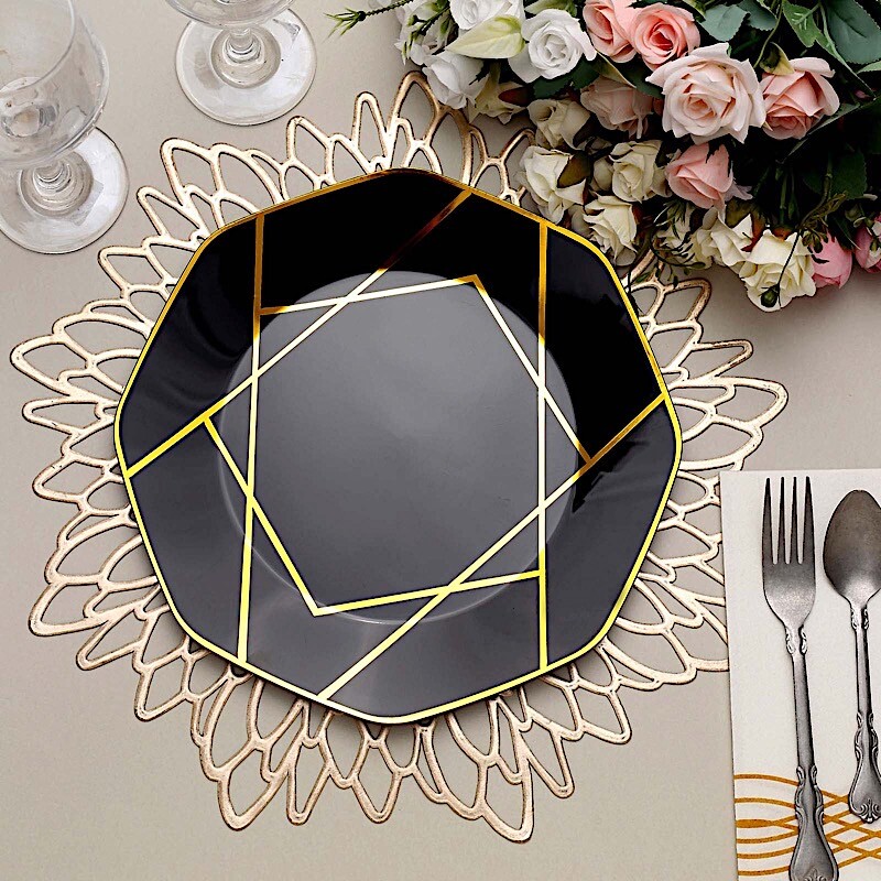 10 Octagon 10" Plastic Dinner Plates Gold Geometric Design Disposable Tableware