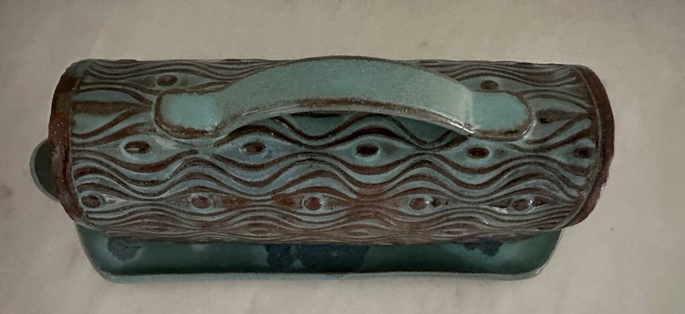 Textured Ceramic Studio Pottery Turquoise Butter Dish W Lid, top handle