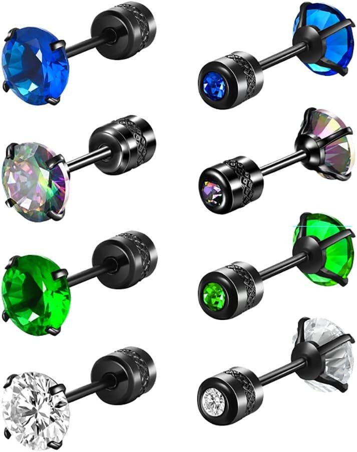 SIISPRI 4 Pairs Titanium Screw Back Surgical Stainless 4 CZ-6mm(C)
