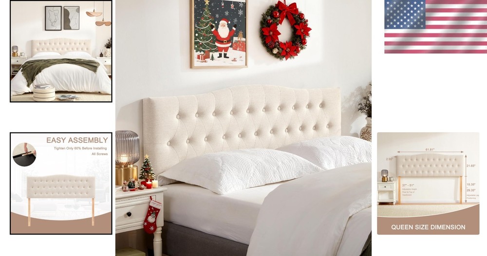 Queen Headboard Tufted Upholstered Bed Frame Linen Adjustable Height Modern D...