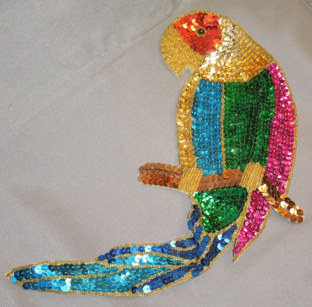 1990's Sequin Parrot sew on Patch NEW 13" X 7"