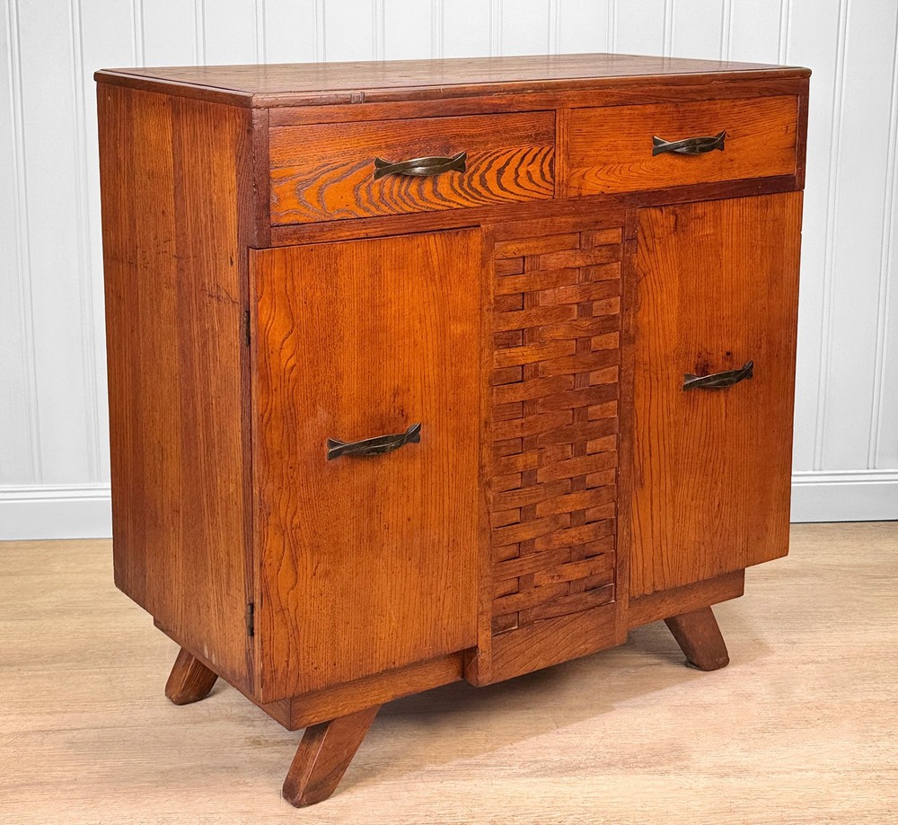 Antique Farmhouse Oak Basket Weave Buffet Server